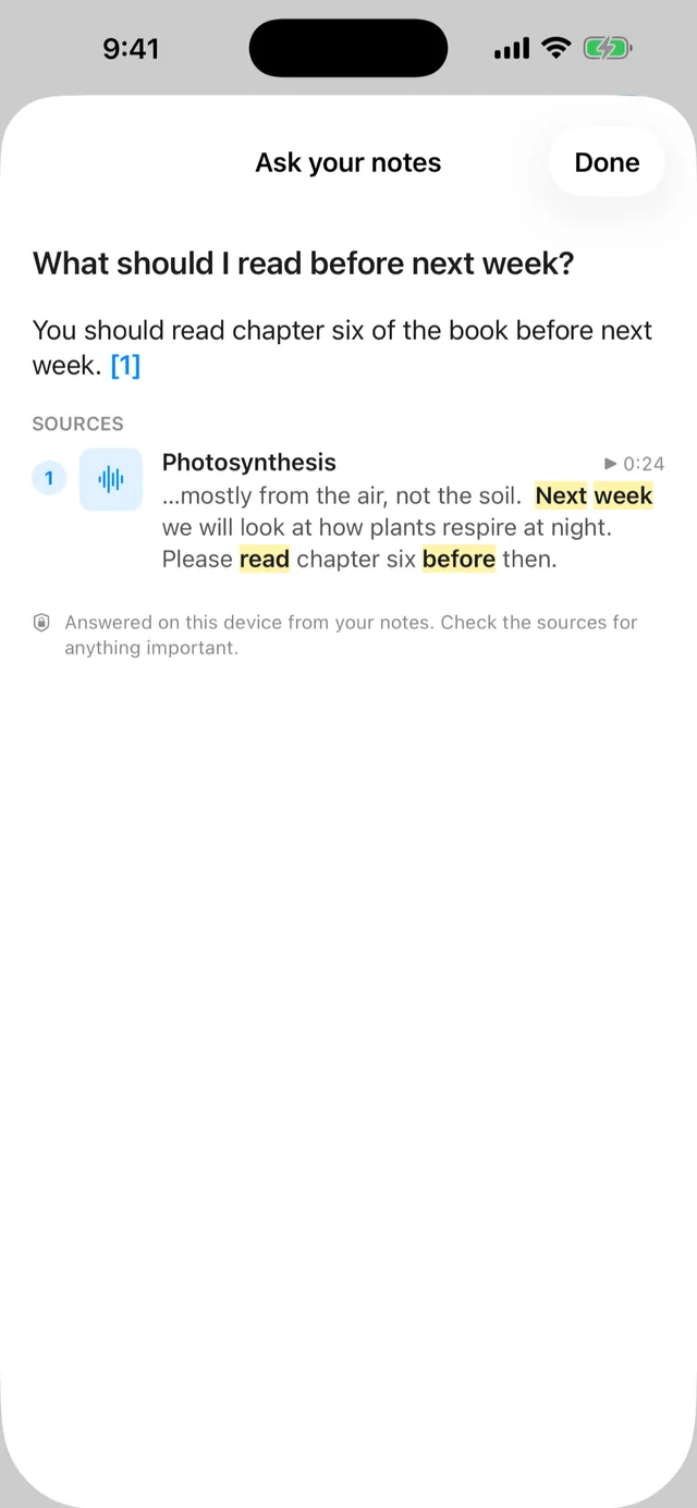Ask your notes answering a question with a citation to second 24 of a recording.