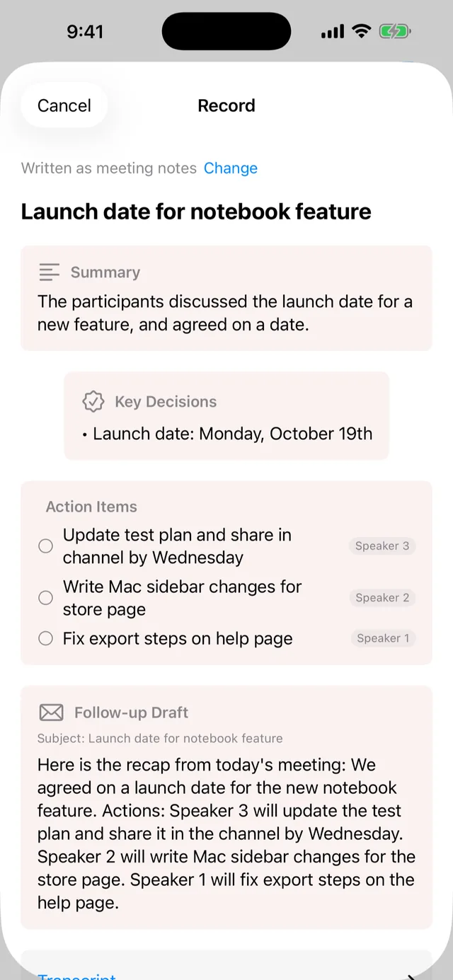 A meeting written up with a summary, key decisions and action items assigned to speakers.