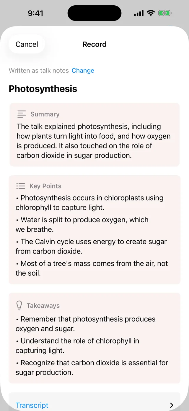 A talk about photosynthesis written up as a summary, key points and takeaways.